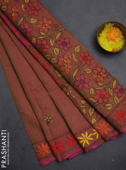 Cotton saree dual shade of greenish pink with kantha stitch work and kantha stitch work pallu
