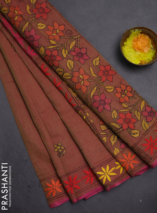 Cotton saree dual shade of greenish pink with kantha stitch work and kantha stitch work pallu