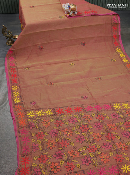Cotton saree dual shade of greenish pink with kantha stitch work and kantha stitch work pallu