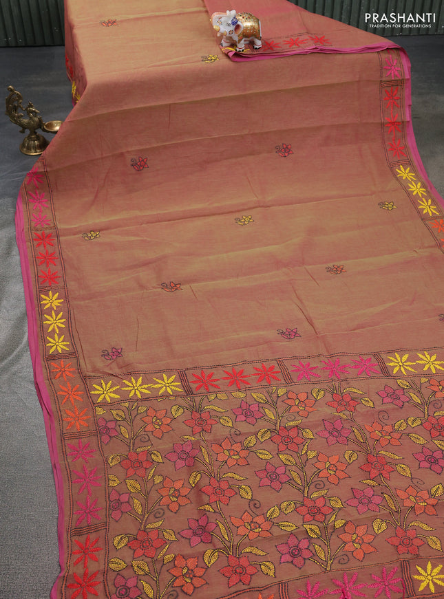 Cotton saree dual shade of greenish pink with kantha stitch work and kantha stitch work pallu