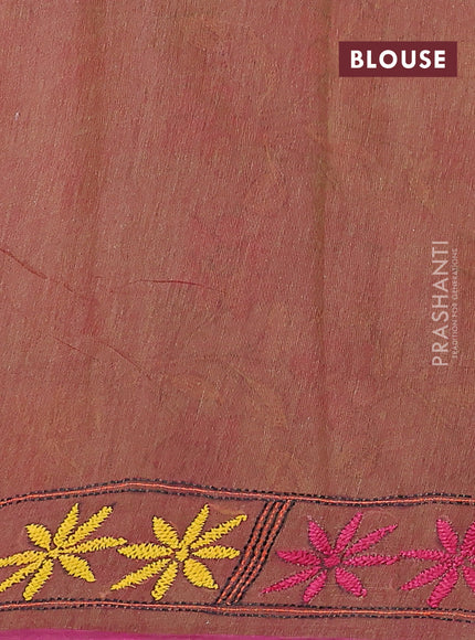 Cotton saree dual shade of greenish pink with kantha stitch work and kantha stitch work pallu