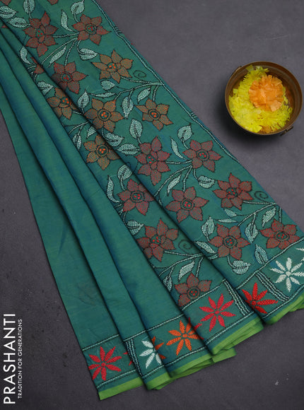 Cotton saree dual shade of blue with kantha stitch work and kantha stitch work pallu
