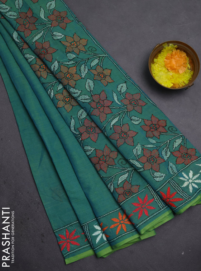 Cotton saree dual shade of blue with kantha stitch work and kantha stitch work pallu