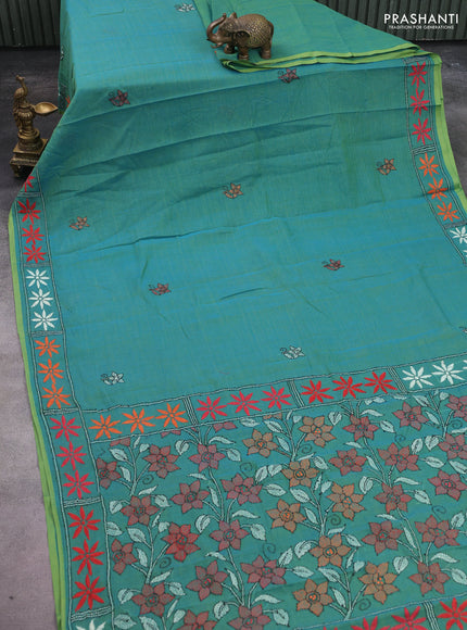 Cotton saree dual shade of blue with kantha stitch work and kantha stitch work pallu