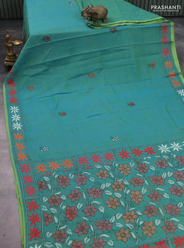 Cotton saree dual shade of blue with kantha stitch work and kantha stitch work pallu