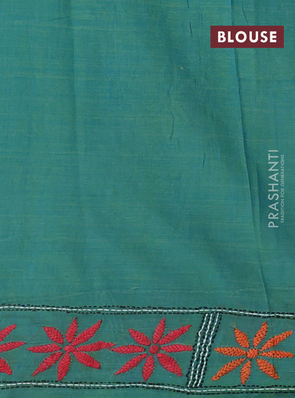 Cotton saree dual shade of blue with kantha stitch work and kantha stitch work pallu