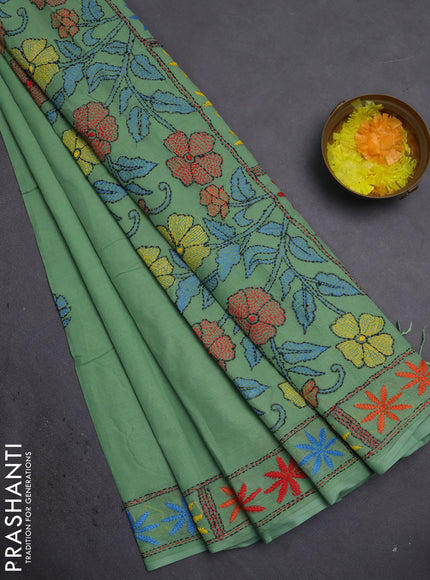 Cotton saree pista green with kantha stitch work and kantha stitch work pallu
