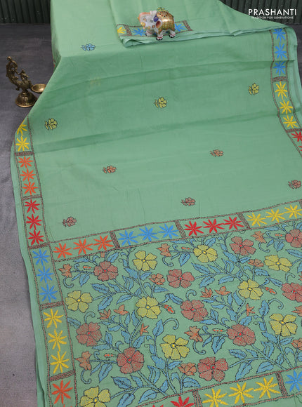 Cotton saree pista green with kantha stitch work and kantha stitch work pallu