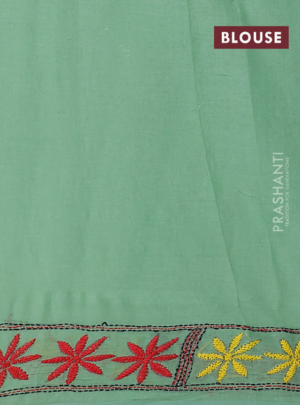 Cotton saree pista green with kantha stitch work and kantha stitch work pallu