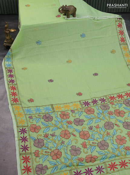 Cotton saree pista green with kantha stitch work and kantha stitch work pallu