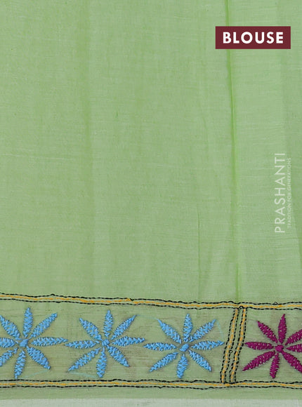 Cotton saree pista green with kantha stitch work and kantha stitch work pallu