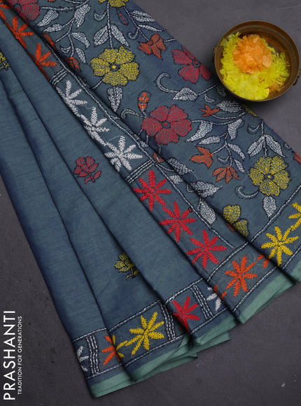 Cotton saree dual shade of blue and pastel green with kantha stitch work and kantha stitch work pallu