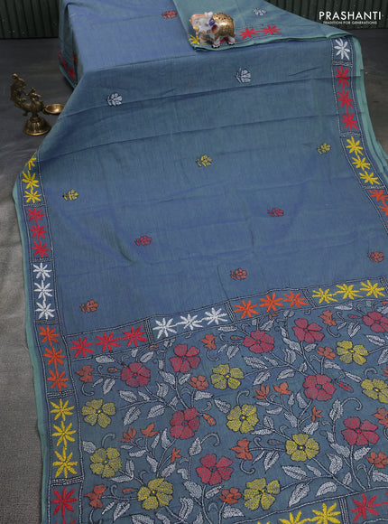 Cotton saree dual shade of blue and pastel green with kantha stitch work and kantha stitch work pallu