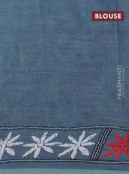 Cotton saree dual shade of blue and pastel green with kantha stitch work and kantha stitch work pallu