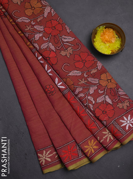 Cotton saree dual shade of pink with kantha stitch work and kantha stitch work pallu
