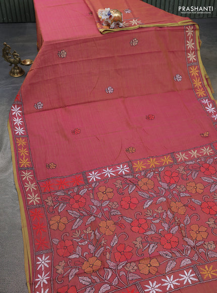 Cotton saree dual shade of pink with kantha stitch work and kantha stitch work pallu