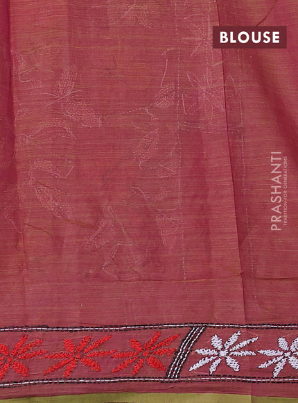 Cotton saree dual shade of pink with kantha stitch work and kantha stitch work pallu