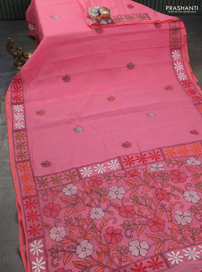 Cotton saree peach shade with kantha stitch work and kantha stitch work pallu