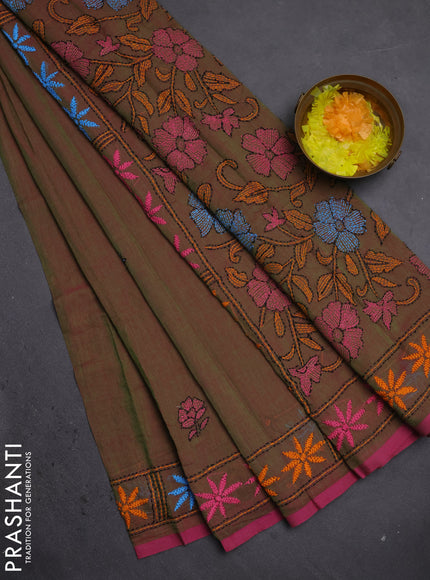 Cotton saree dual shade of greenish pink with kantha stitch work and kantha stitch work pallu