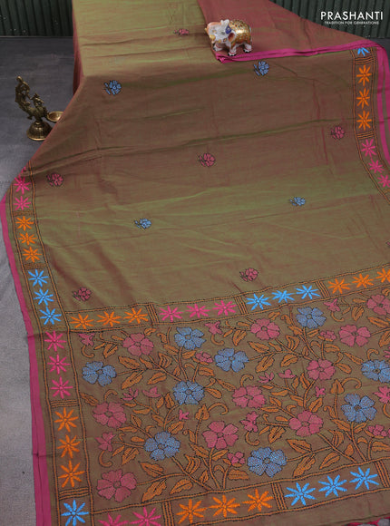 Cotton saree dual shade of greenish pink with kantha stitch work and kantha stitch work pallu