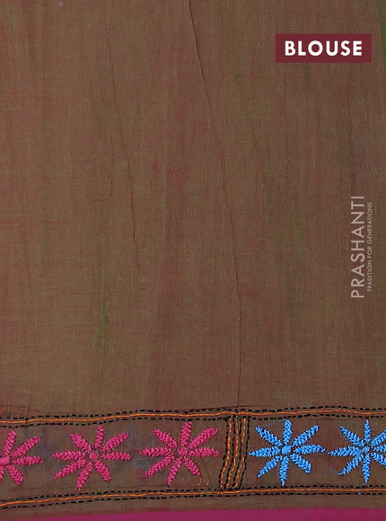 Cotton saree dual shade of greenish pink with kantha stitch work and kantha stitch work pallu