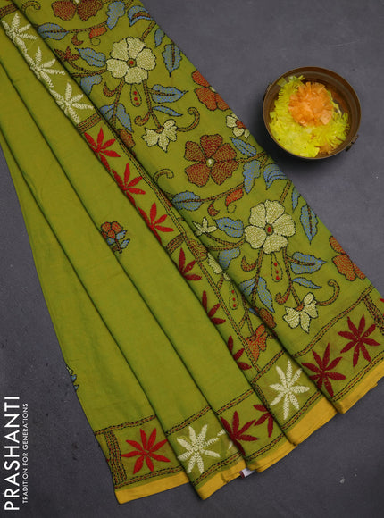 Cotton saree light green with kantha stitch work and kantha stitch work pallu
