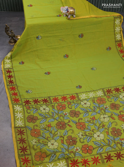 Cotton saree light green with kantha stitch work and kantha stitch work pallu