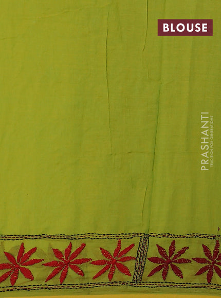 Cotton saree light green with kantha stitch work and kantha stitch work pallu