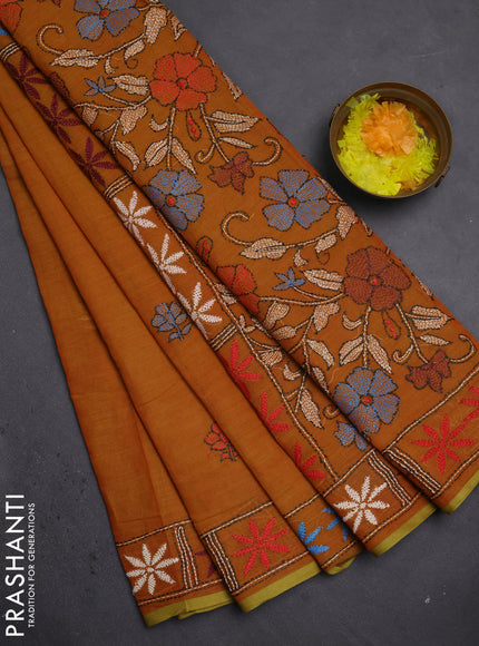 Cotton saree dark mustard with kantha stitch work and kantha stitch work pallu