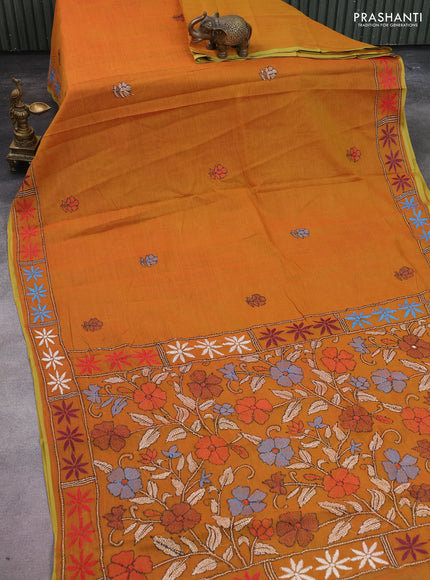 Cotton saree dark mustard with kantha stitch work and kantha stitch work pallu