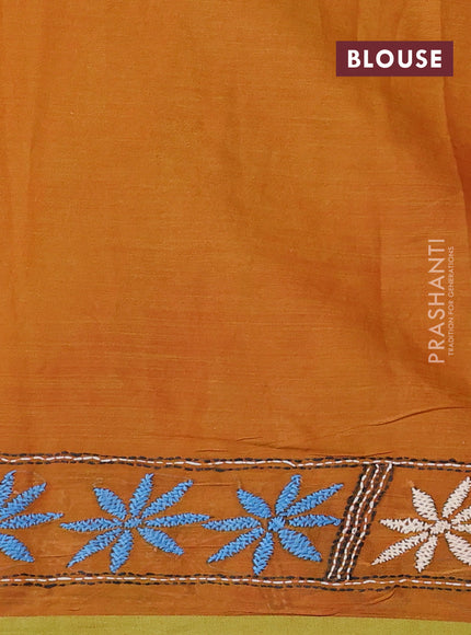 Cotton saree dark mustard with kantha stitch work and kantha stitch work pallu