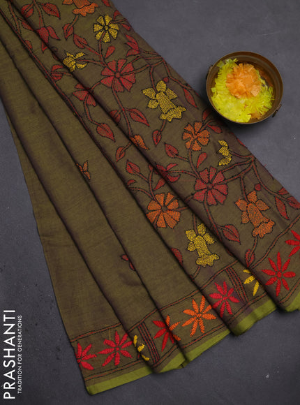 Cotton saree light green with kantha stitch work and kantha stitch work pallu