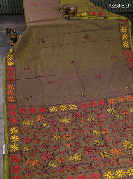 Cotton saree light green with kantha stitch work and kantha stitch work pallu