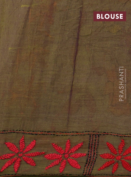 Cotton saree light green with kantha stitch work and kantha stitch work pallu