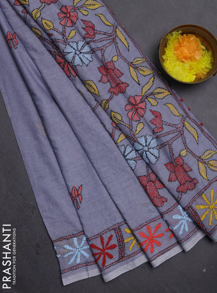 Cotton saree grey with kantha stitch work and kantha stitch work pallu