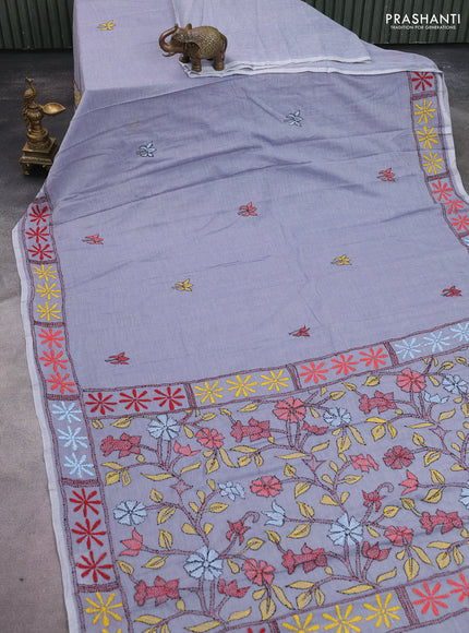Cotton saree grey with kantha stitch work and kantha stitch work pallu