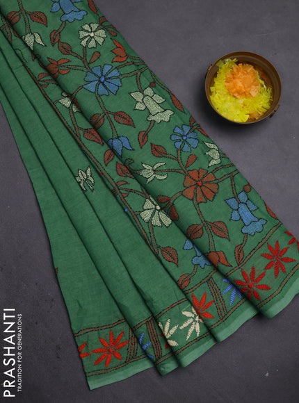 Cotton saree green with kantha stitch work and kantha stitch work pallu
