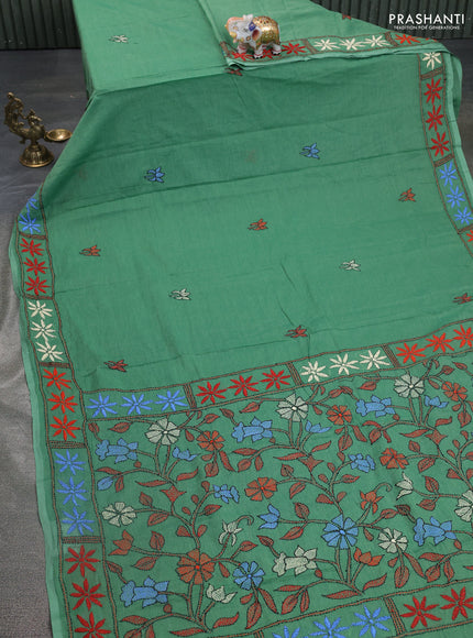 Cotton saree green with kantha stitch work and kantha stitch work pallu