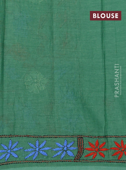 Cotton saree green with kantha stitch work and kantha stitch work pallu
