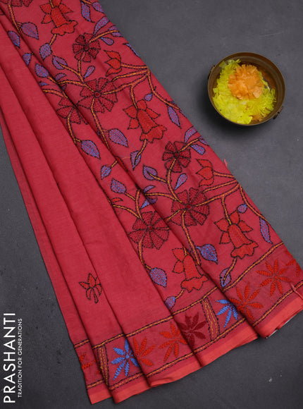 Cotton saree pink with kantha stitch work and kantha stitch work pallu