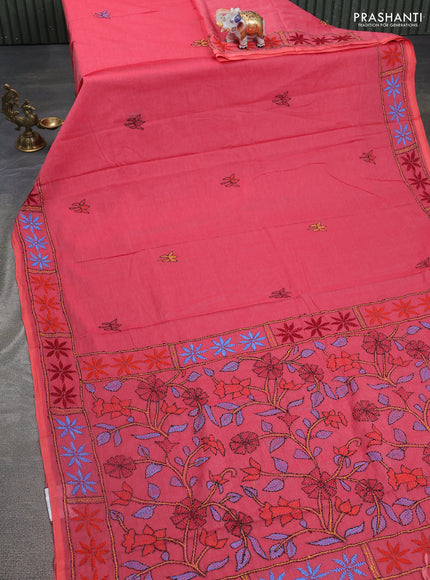 Cotton saree pink with kantha stitch work and kantha stitch work pallu