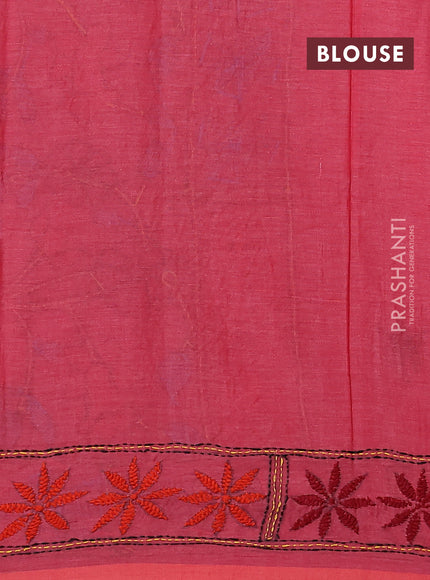 Cotton saree pink with kantha stitch work and kantha stitch work pallu