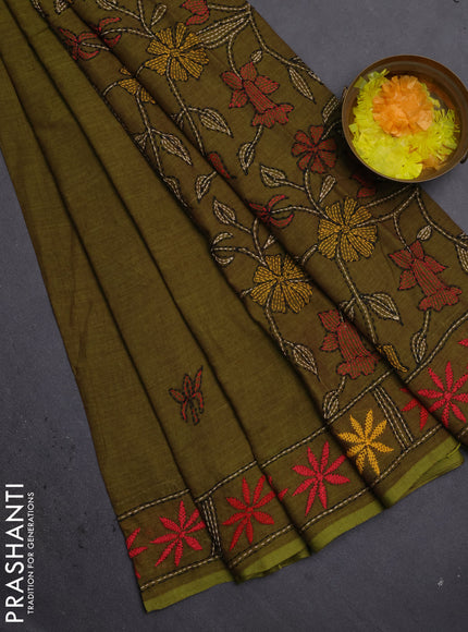 Cotton saree sap green with kantha stitch work and kantha stitch work pallu