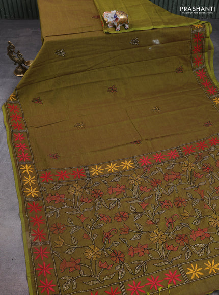 Cotton saree sap green with kantha stitch work and kantha stitch work pallu