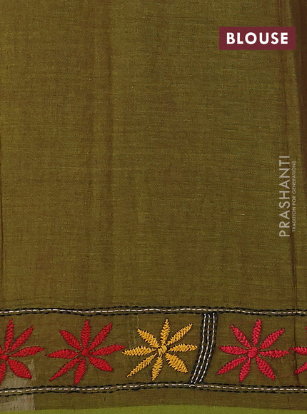 Cotton saree sap green with kantha stitch work and kantha stitch work pallu