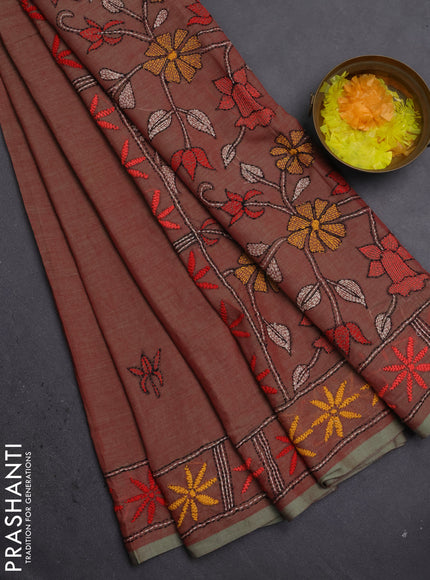 Cotton saree dual shade of pink and pastel green with kantha stitch work and kantha stitch work pallu