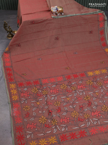 Cotton saree dual shade of pink and pastel green with kantha stitch work and kantha stitch work pallu