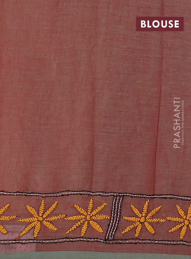 Cotton saree dual shade of pink and pastel green with kantha stitch work and kantha stitch work pallu