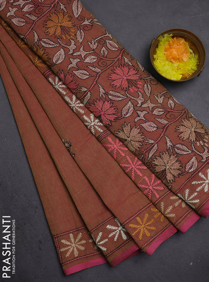 Cotton saree dual shade of greenish pink with kantha stitch work and kantha stitch work pallu
