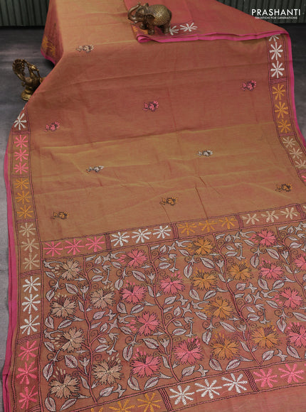 Cotton saree dual shade of greenish pink with kantha stitch work and kantha stitch work pallu